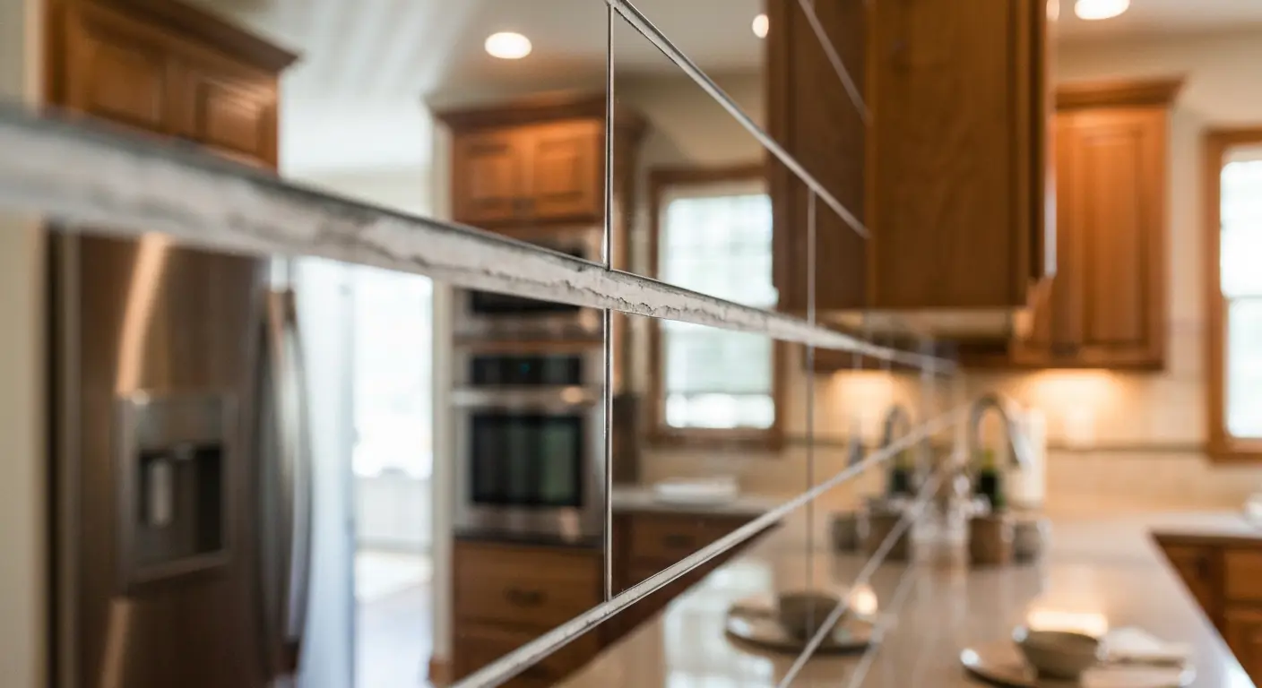 Glass backsplash with metallic accents