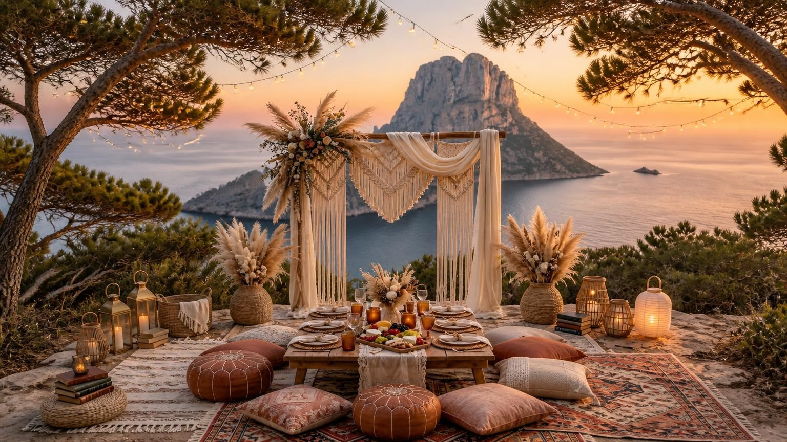 Boho sunset picnic looking out at Es Vedrà