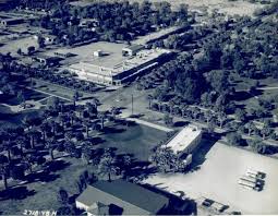 Aerial archival photograph of Litchfield Park, Arizona, showing the orderly layout of Goodyear's planned company town — resort buildings, palm-lined streets, and desert landscaping, mid-20th century