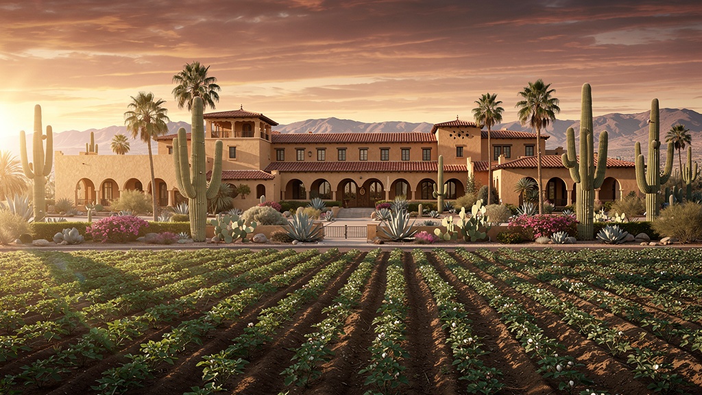Spanish Colonial Revival resort with adobe buildings, red-tile roofs, cotton fields, and saguaro cacti at golden hour in the Sonoran Desert — evoking the historic landscape of Old Litchfield Park, Arizona