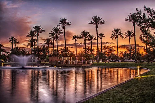 Contemporary sunset photograph of a landscaped resort pond with a fountain and silhouetted palm trees in Litchfield Park, Arizona — reflecting the warm orange and purple tones of the desert sky