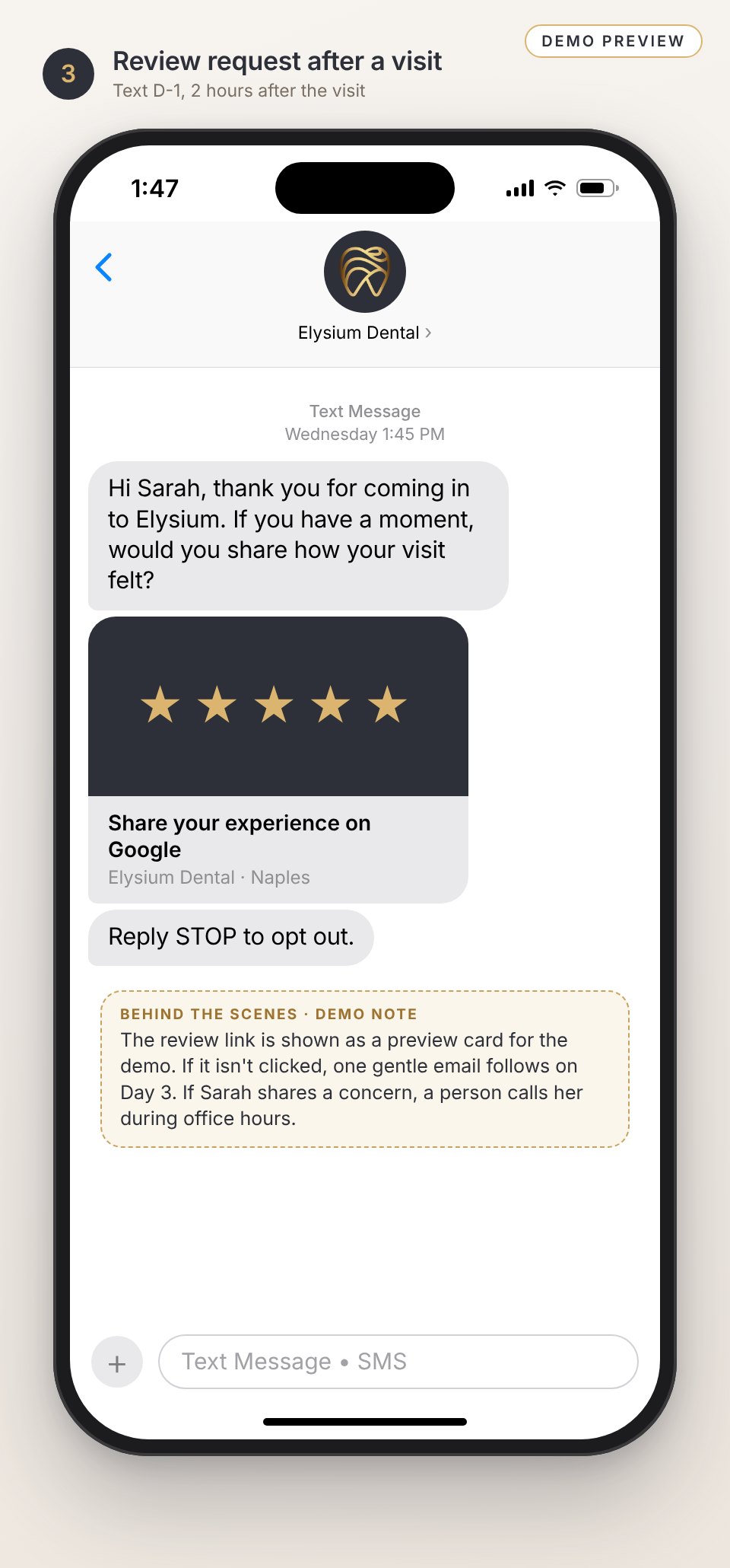 Text message preview: a review request after a visit