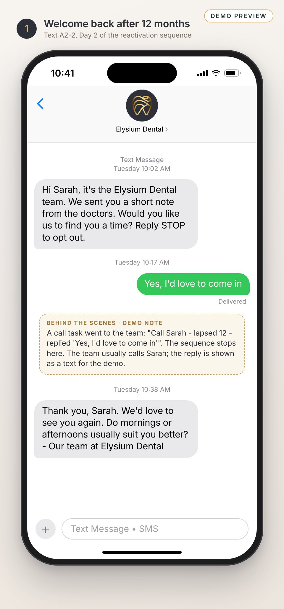 Text message preview: a welcome-back text to a patient who hasn't visited in a year