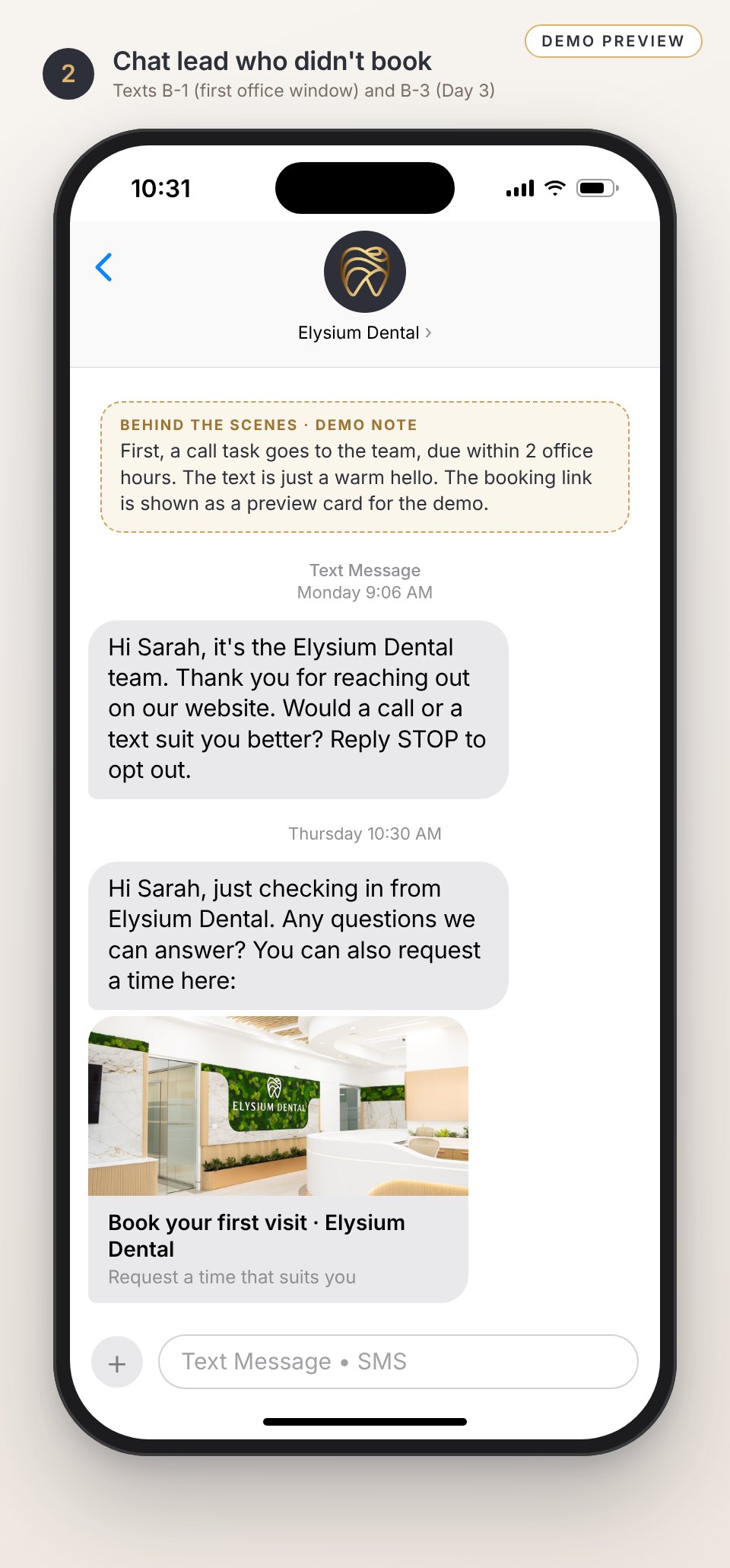 Text message preview: a follow-up text after a website chat