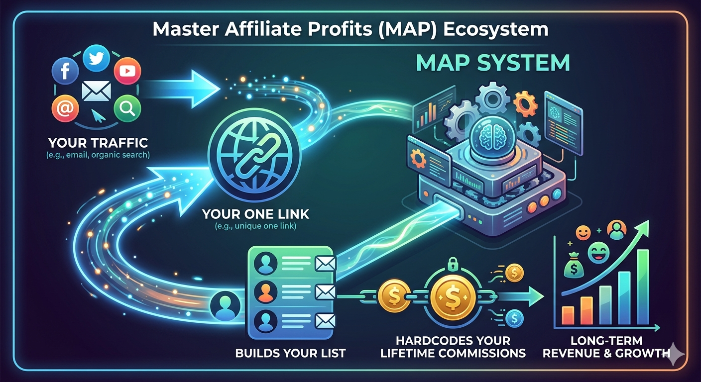 conceptual graphic that breaks down your MAP promotion process into a professional, clear funnel. It visually demonstrates how you generate traffic that converts into both immediate lead growth and long-term recurring revenue