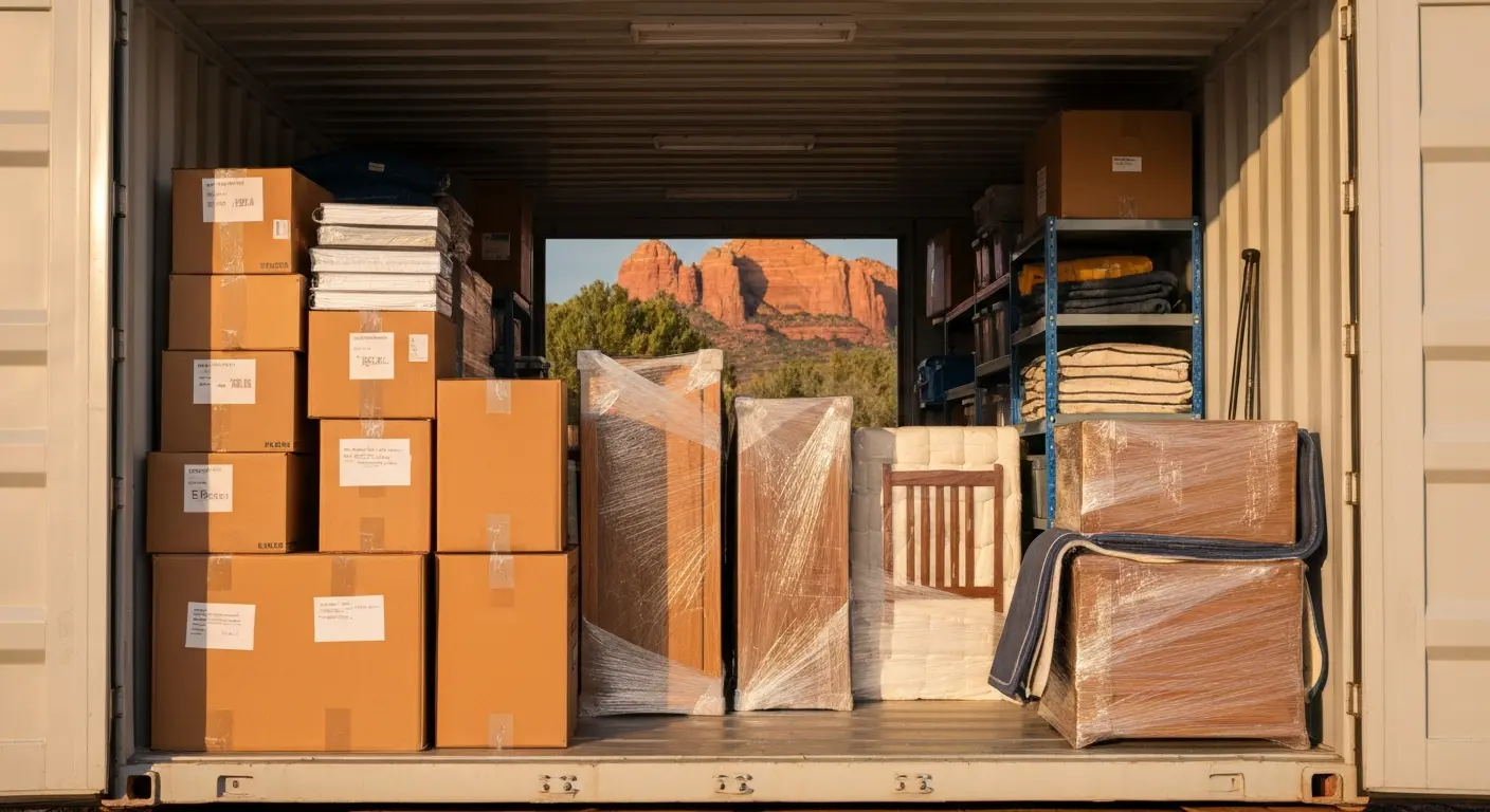 Family moving boxes in portable storage container