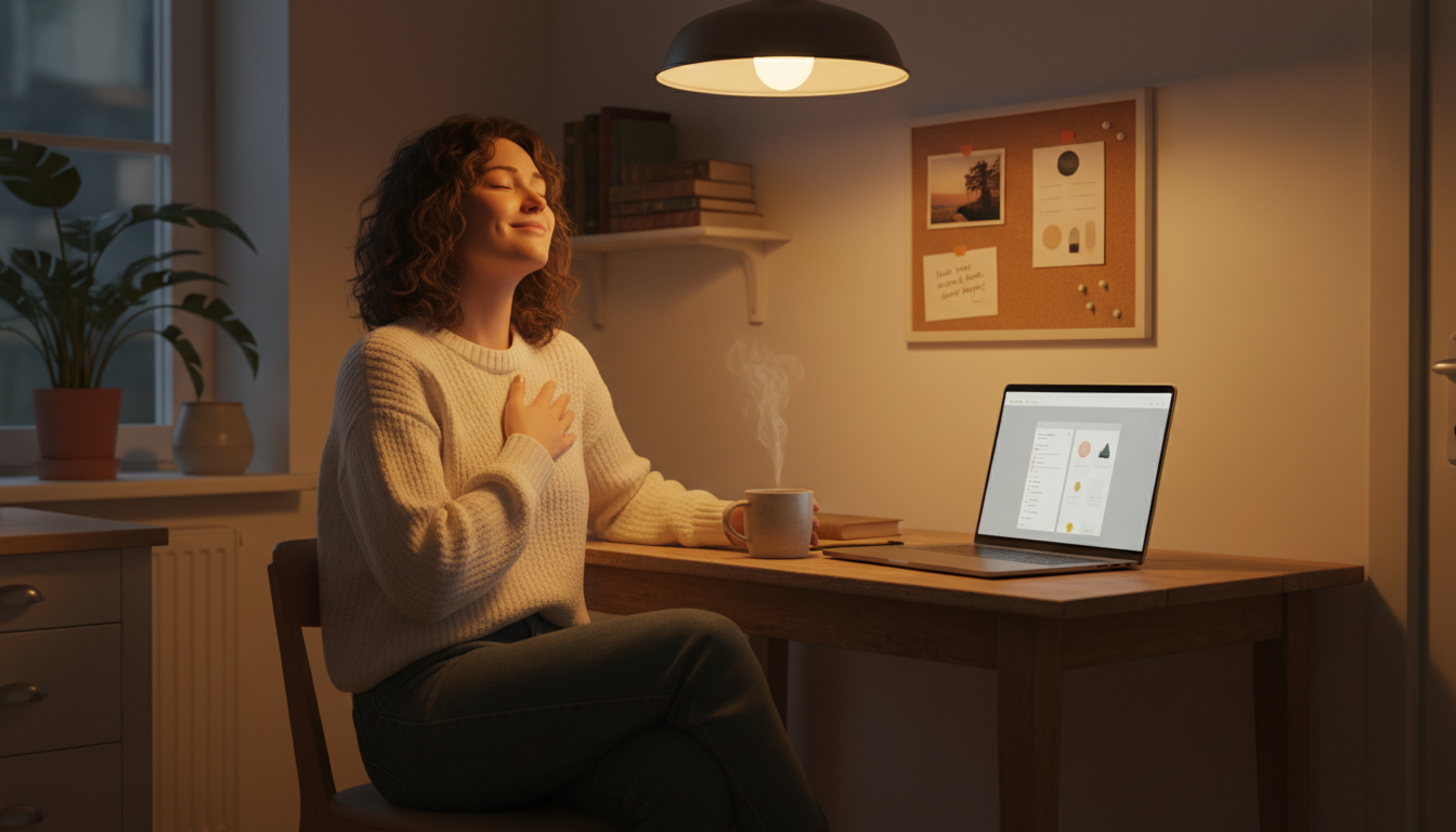 Woman sitting peacefully smiling with their eyes closed taking a moment to pause and be grateful at her home office desk with laptop open Woman sitting peacefully smiling with their eyes closed taking a moment to pause and be grateful at her home office desk with laptop open