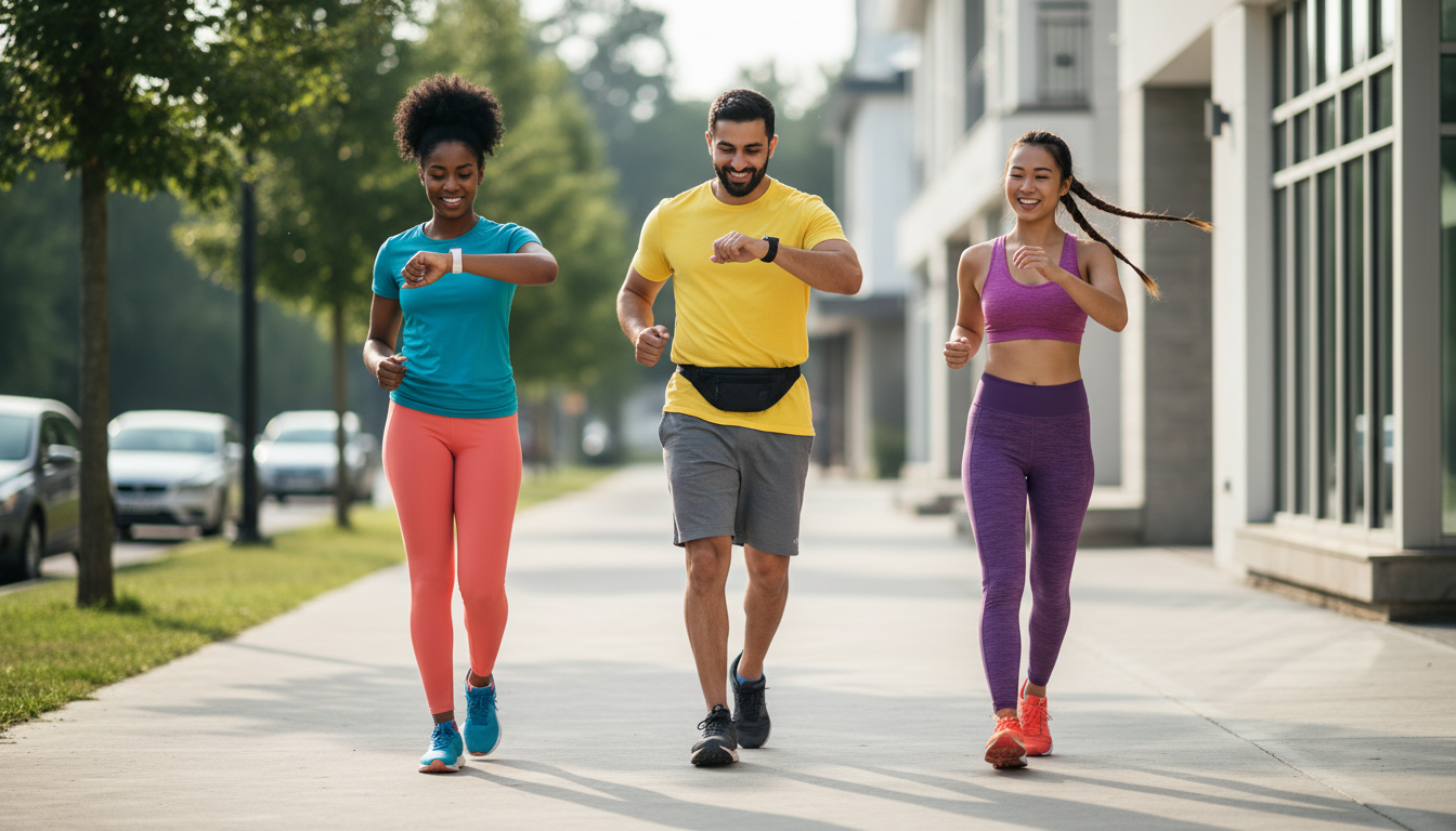 Three diverse friends happily walking down a sidewalk in the morning checking their fitness watches excited to be alive Three diverse friends happily walking down a sidewalk in the morning checking their fitness watches excited to be alive