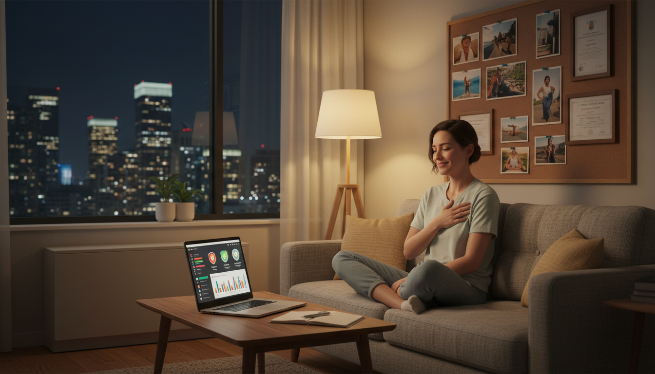 Woman on couch in the evening hours with her hand over her heart smile on her face finding peace in the moment Woman on couch in the evening hours with her hand over her heart smile on her face finding peace in the moment