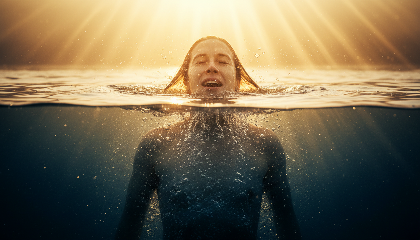 A person ascending from a pool of water happy deep breath sunrise taking a breath of the new future