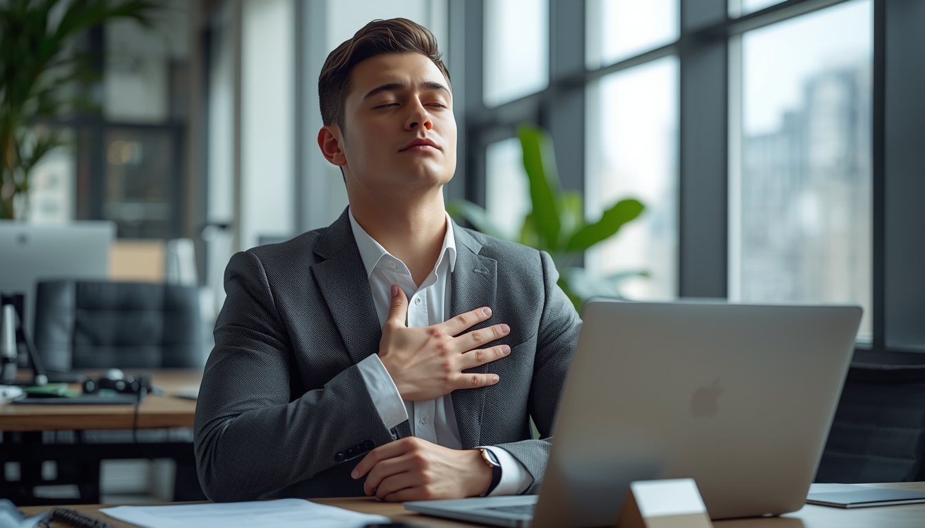 A young man se at his minimal office desk midday hand on chest eyes closed breathing... becoming A young man se at his minimal office desk midday hand on chest eyes closed breathing... becoming