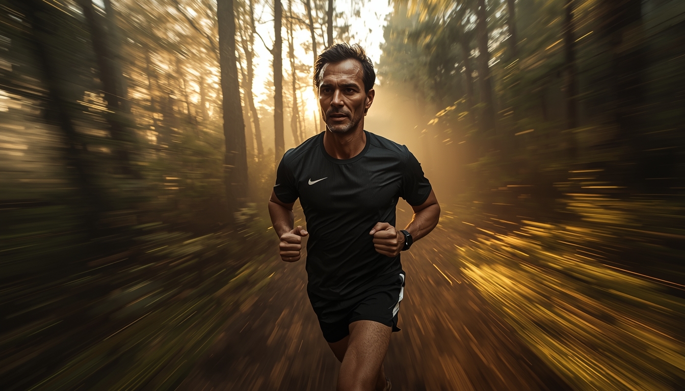 Man running at Day break on Forest Trail with blurred background depicting movement and motivation Man running at Day break on Forest Trail with blurred background depicting movement and motivation