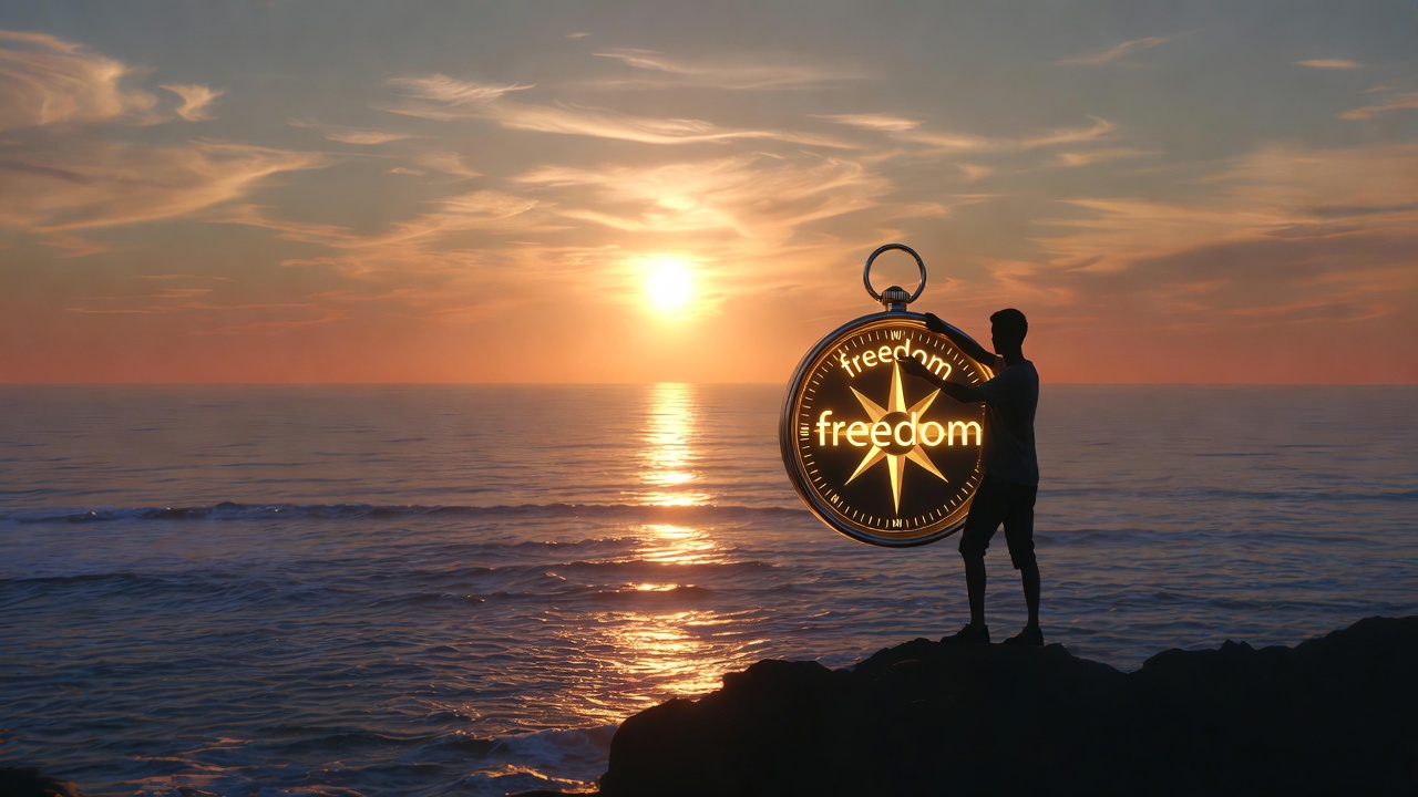 A man's silhouette standing on the ocean's edge at sunrise holding an oversized compass that says freedom on it's face. A man's silhouette standing on the ocean's edge at sunrise holding an oversized compass that says freedom on it's face.