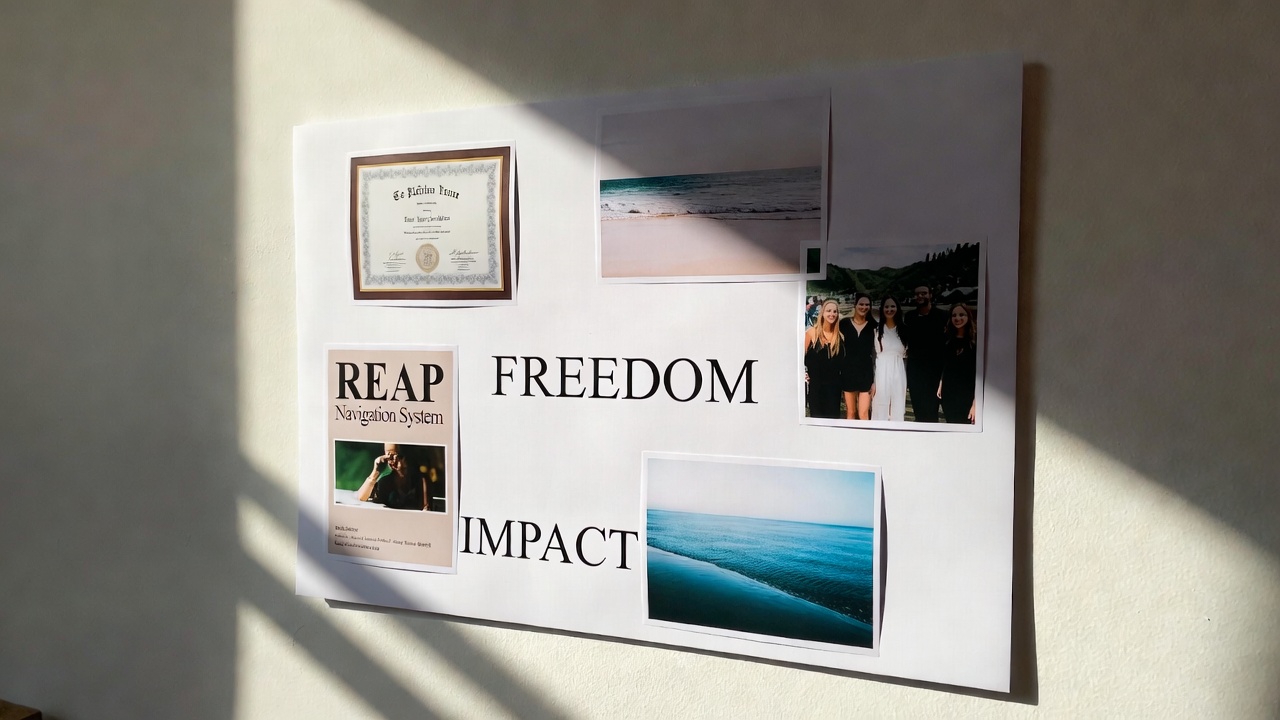 A vision board showing REAP framework impact and freedom