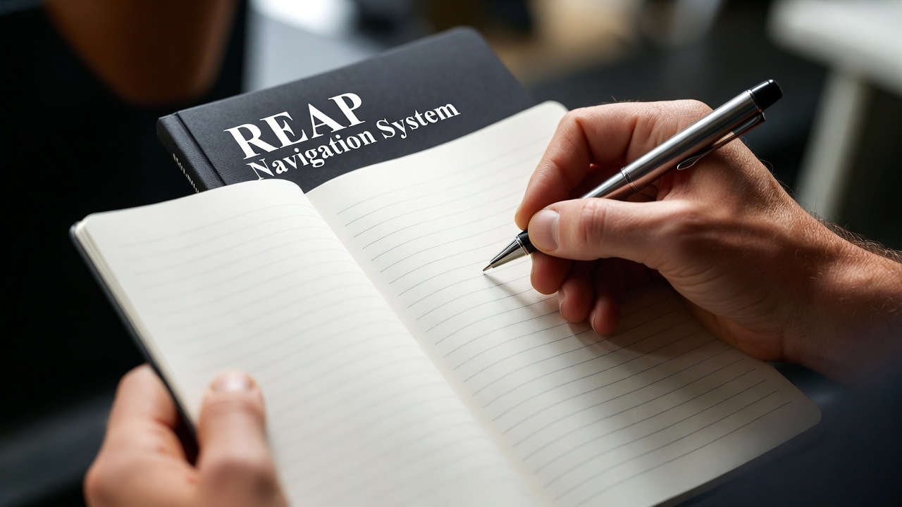 Overhead shot handwriting in REAP journal steamimg cup of coffee Sunrise fills the room