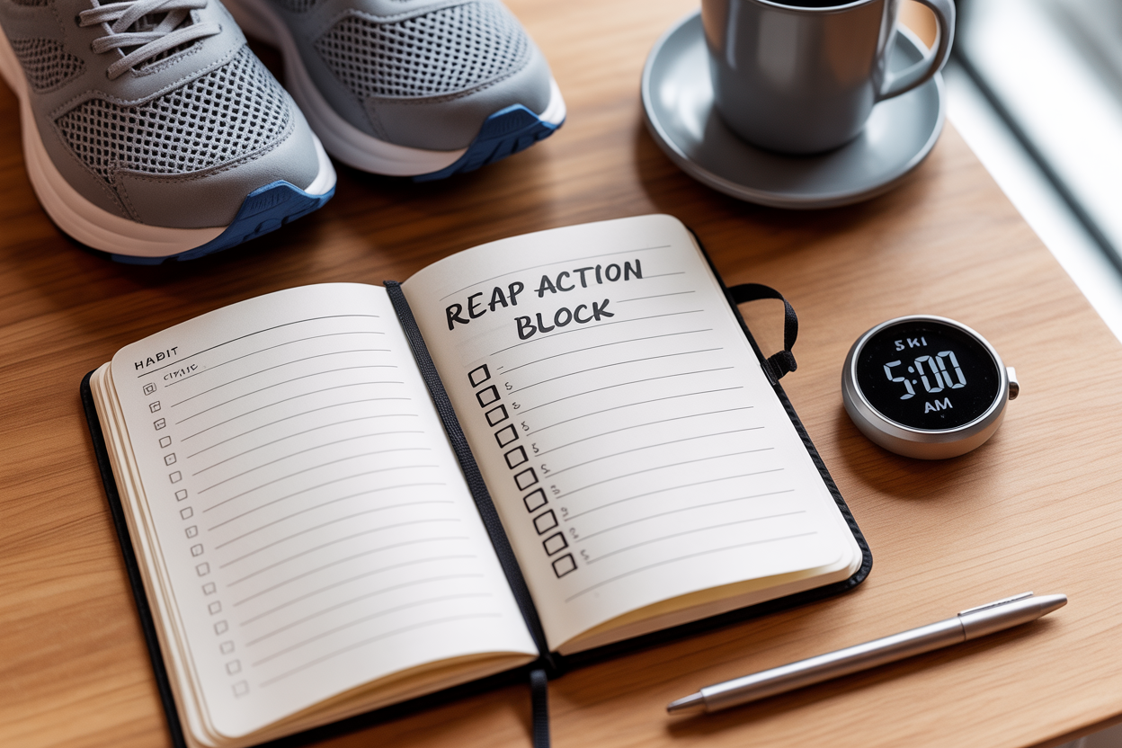 Reap action block journal open tennis shoes ready for morning run steaming coffee and timer set for 5 minutes Reap action block journal open tennis shoes ready for morning run steaming coffee and timer set for 5 minutes