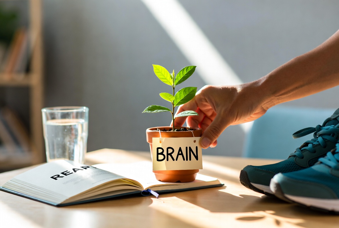 A hand placing a small green plant labeled BRAIN on top of a REAP journal
