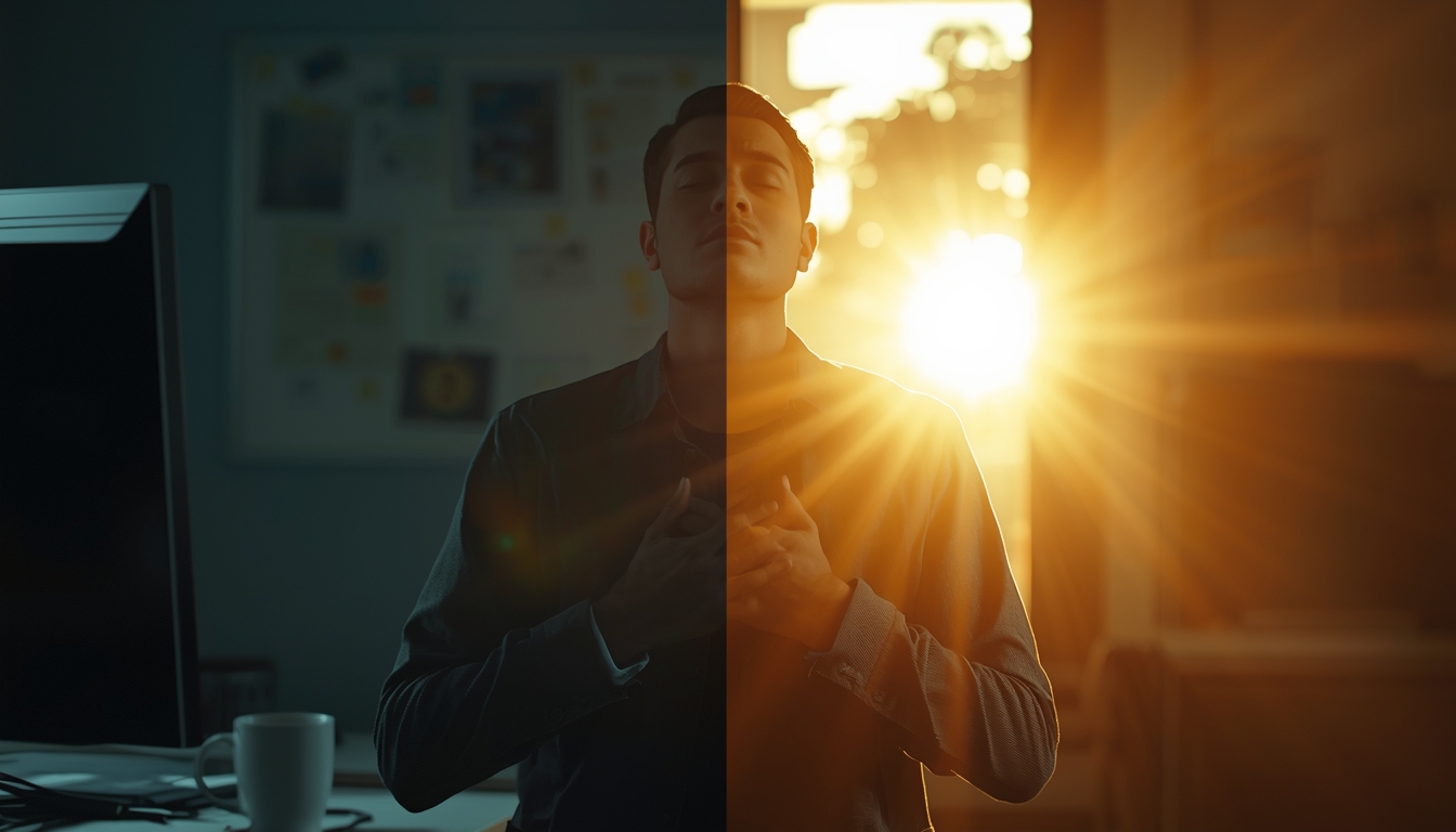 Person sitting eyes closed hands on chest one half of image dark and Moody the other half bright sunrise signifying spiritual awakening Person sitting eyes closed hands on chest one half of image dark and Moody the other half bright sunrise signifying spiritual awakening