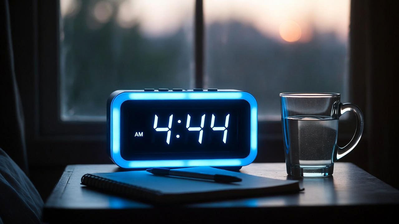 Digital alarm clock blue sitting on a desk at sunrise with a journal open in pen ready to create Digital alarm clock blue sitting on a desk at sunrise with a journal open in pen ready to create