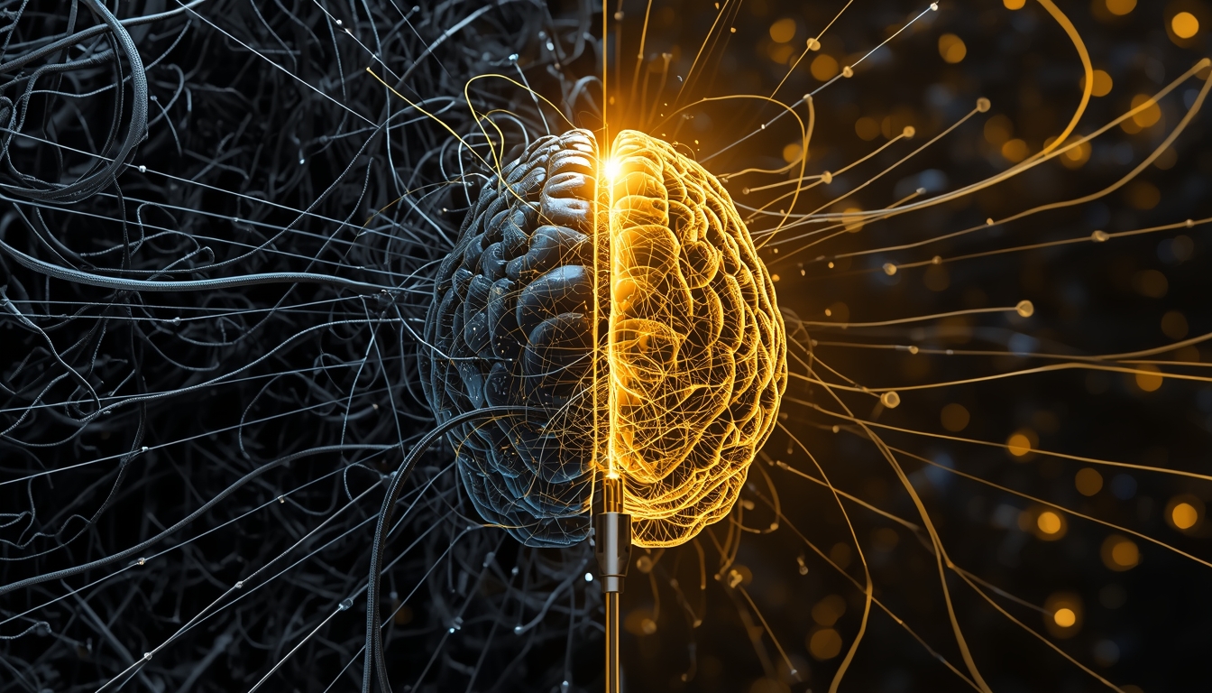 Brain split screen with dark blue neural pathways being overtaken by golden energy, taurine's calming effect