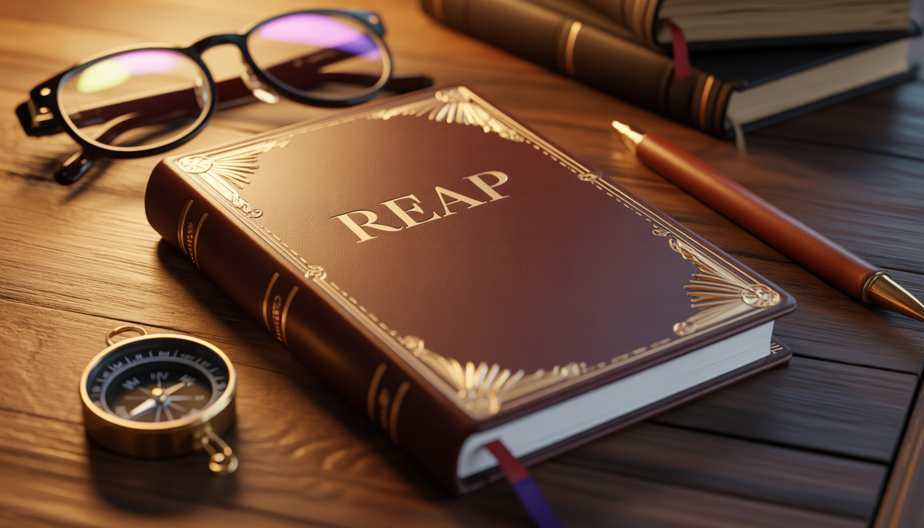 Close up of a high end leather bound book titled Reap on a desk with steaming coffee morning light coming in