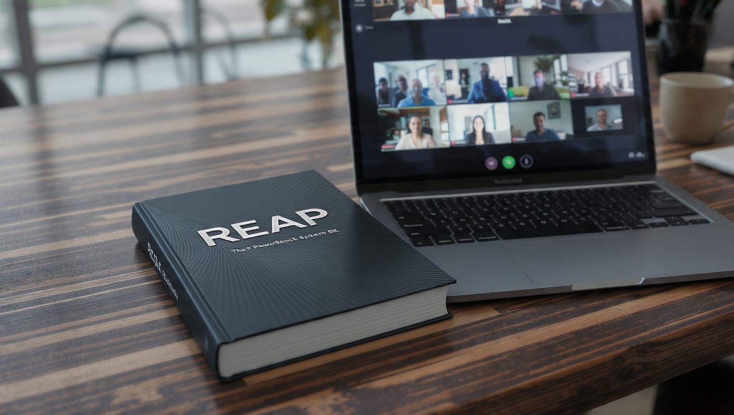 Zoom training on laptop with reap protocol book set up for focus in progress