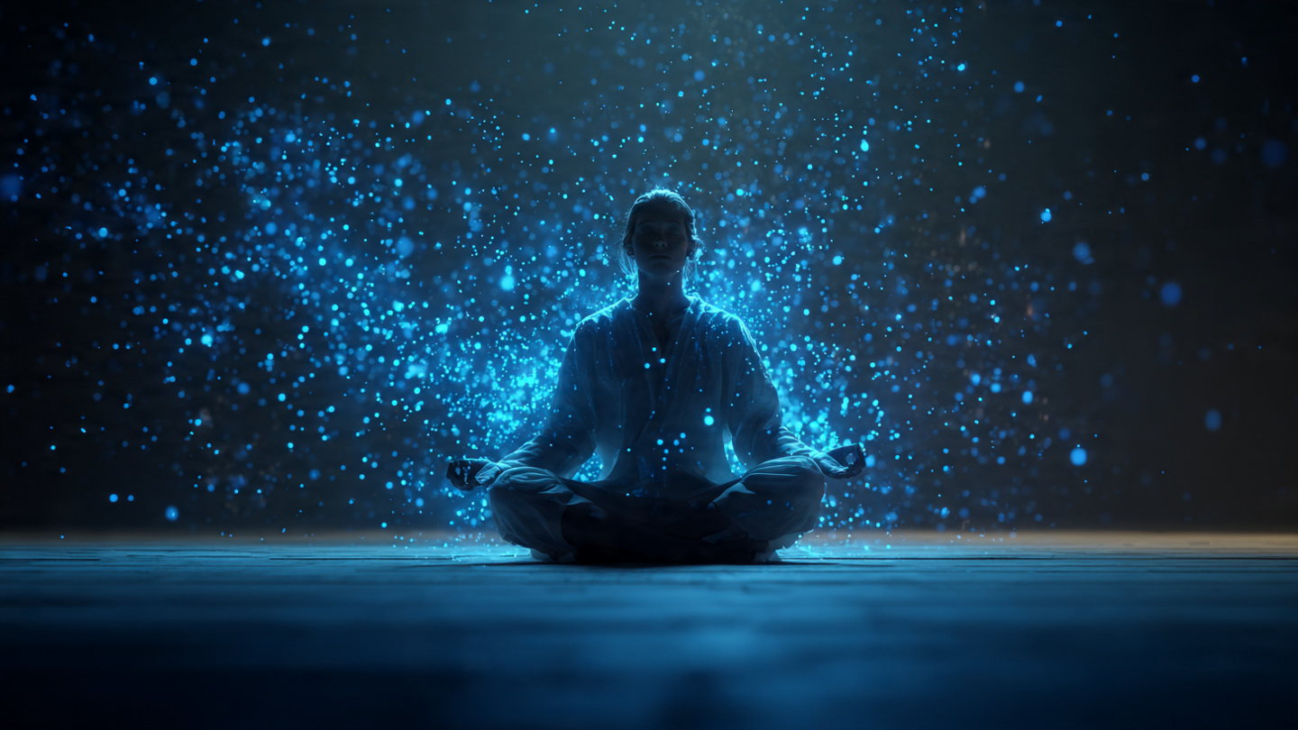 A person meditating in a dark room just upon waking stirring up blue energy particles a moment of peace and healing