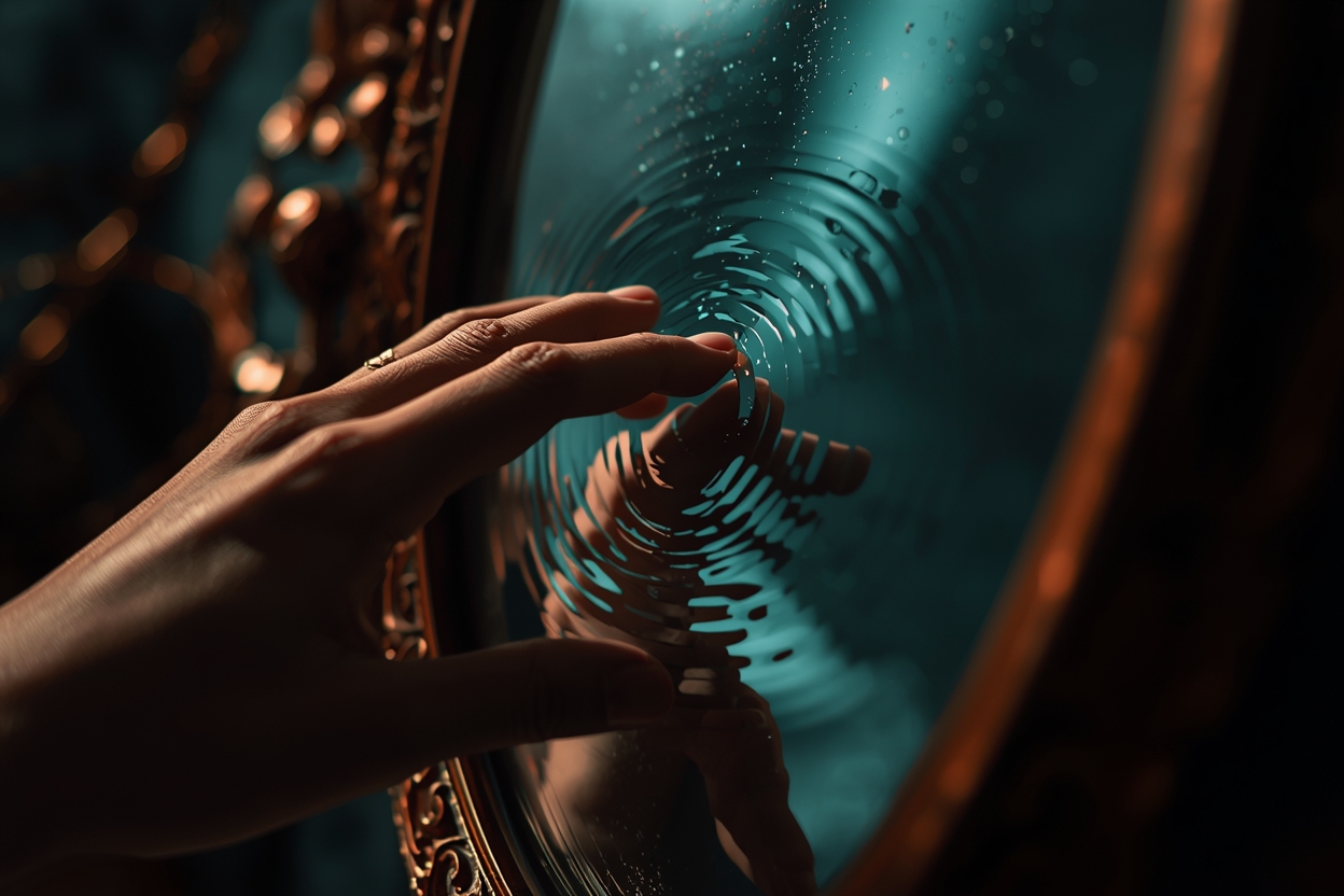 A hand touching the surface of a mirror causing ripples Dark Moody atmosphere A hand touching the surface of a mirror causing ripples Dark Moody atmosphere