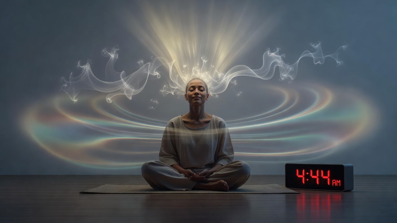 A person sitting in Lotus position happy calm energy waves swirling around head and large circles around her torso one of peace and energy and healing