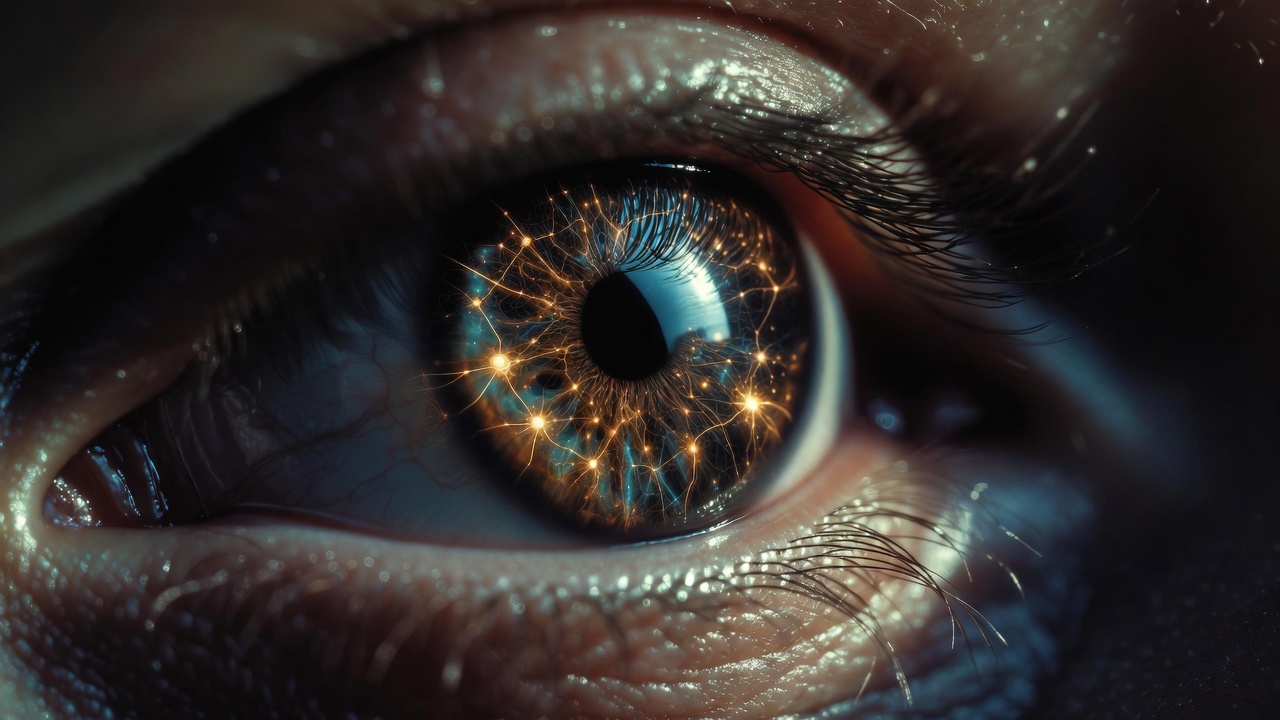 Close up of an eye with reflections of a sunrise and golden neural patterns Close up of an eye with reflections of a sunrise and golden neural patterns