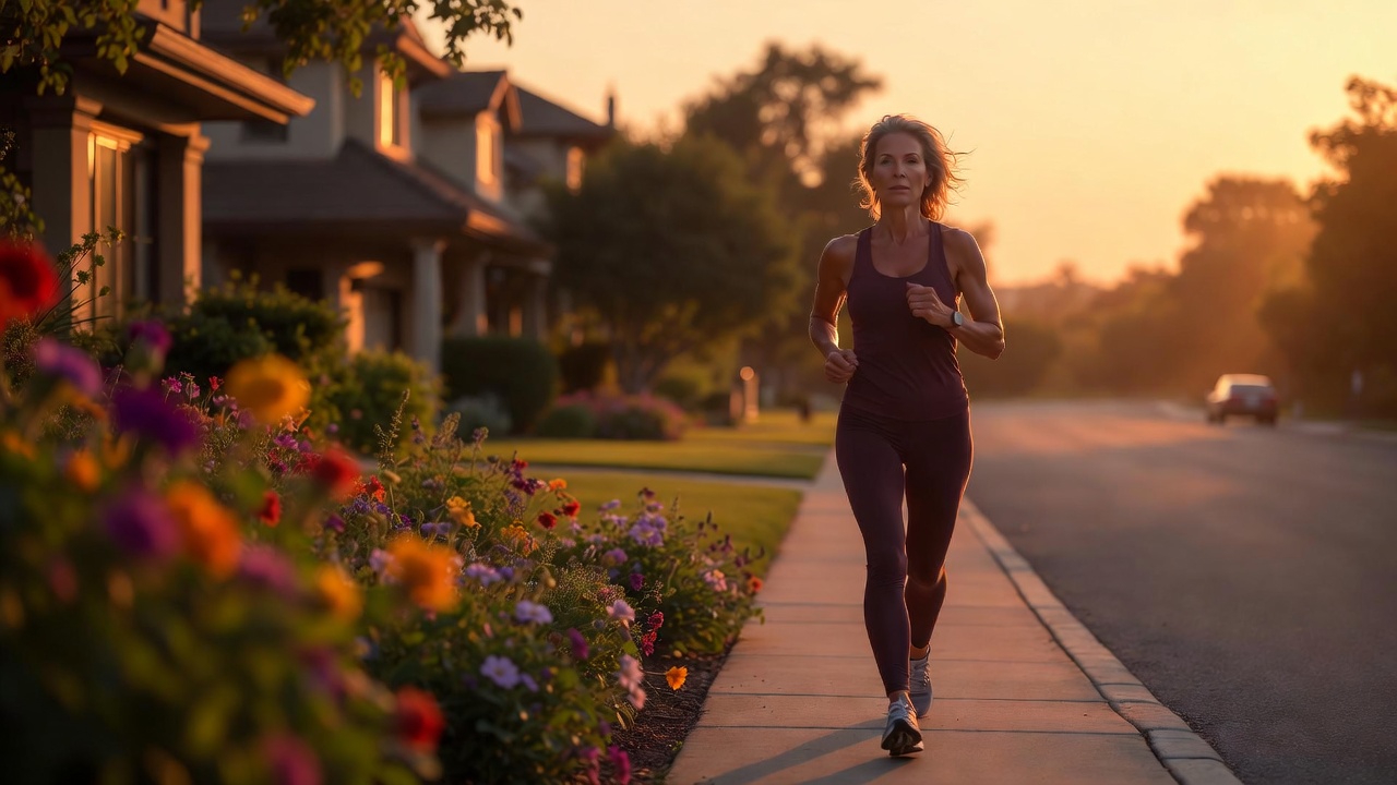 A fit woman power walks at sunrise on a residential sidewalk, in a warm, aspirational photographic style.