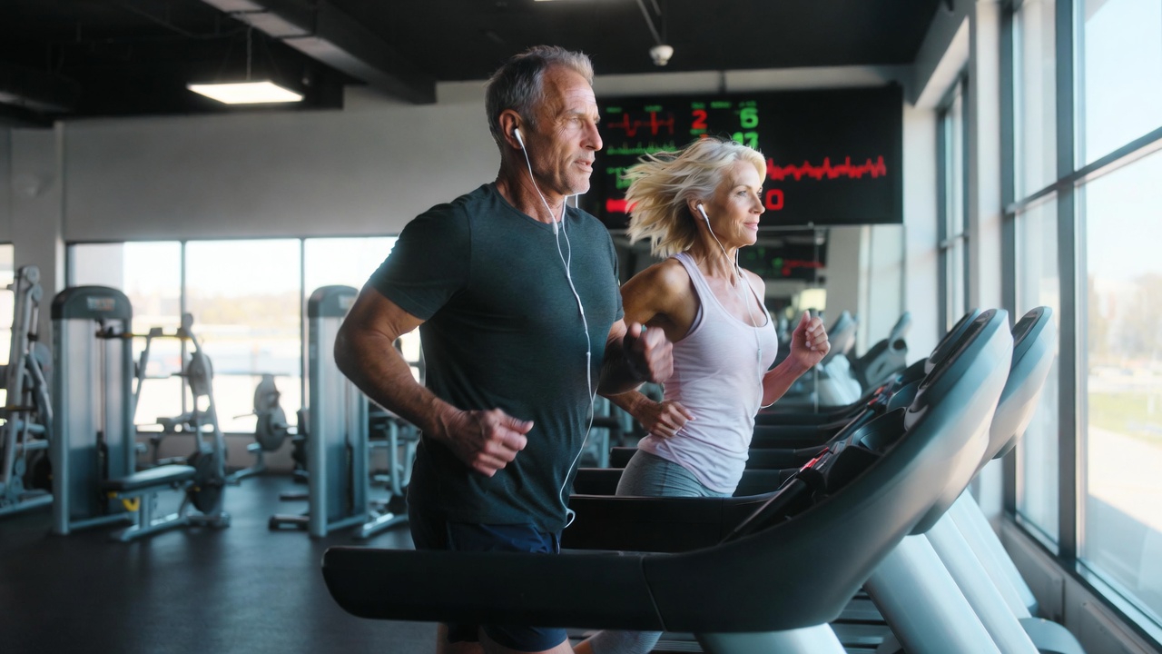 A photograph of a mid-50s couple performing HIIT on treadmills in a modern gym, emphasizing fitness and determination.