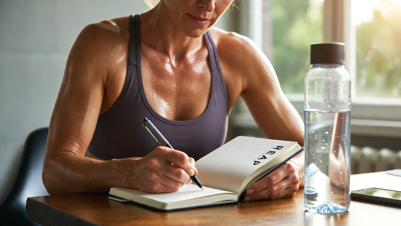 A midlife professional reflects at a table, journaling in a serene indoor setting.