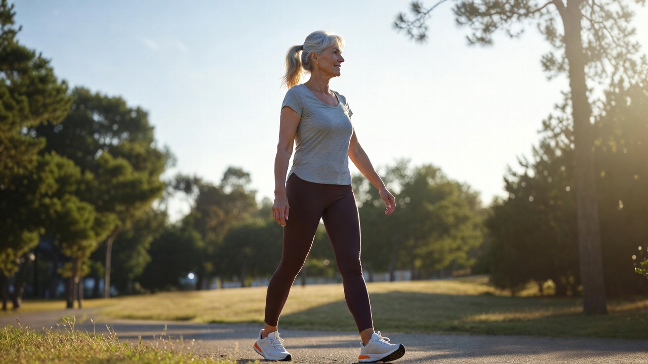 A confident mid-50s woman walks outdoors in a park, exuding vitality and health.