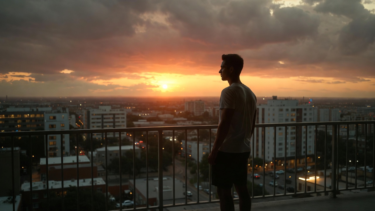 A man on a balcony overlooking a city at sunrise, in a cinematic style.