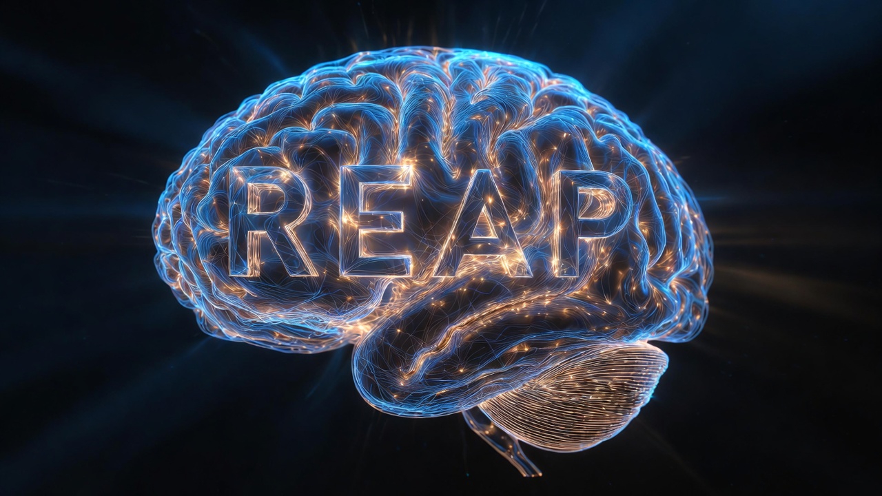Realistic image of a brain with neurons firing in the form of the word reap conveying the ability to reprogram your brain through the system Realistic image of a brain with neurons firing in the form of the word reap conveying the ability to reprogram your brain through the system