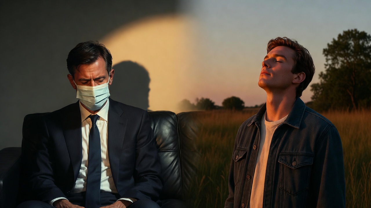 A photorealistic split-scene of a person transitioning from formal to relaxed states in contrasting settings.