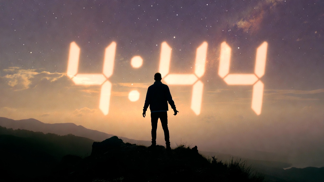 Image of a man standing alone on a hilltop at pre-dawn, approximately 4:44 AM, with the first violet-gold light breaking over the horizon. He is looking upward with arms slightly open in a posture of awareness and receiving. The sky is filled with a subtle cosmic quality—stars fading into dawn light. In the distance, a faint digital clock overlay shows "4:44" glowing softly in the atmosphere, almost as if the numbers are formed by starlight. The mood is reverent, powerful, and awakening. 