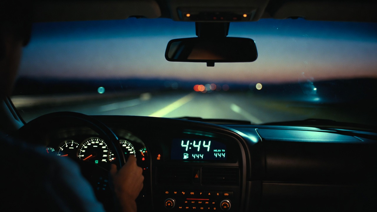 close-up image of a car dashboard at night showing a digital clock reading "4:44" and the fuel range display showing "444 miles to empty." The dashboard has a soft blue-green glow. Through the windshield, a highway stretches into the distance under a twilight sky. The driver's hands are visible on the steering wheel, slightly gripping as if in a moment of realization. The atmosphere is cinematic, moody, and mysterious. Ultra-realistic detail on the dashboard instruments and reflections.