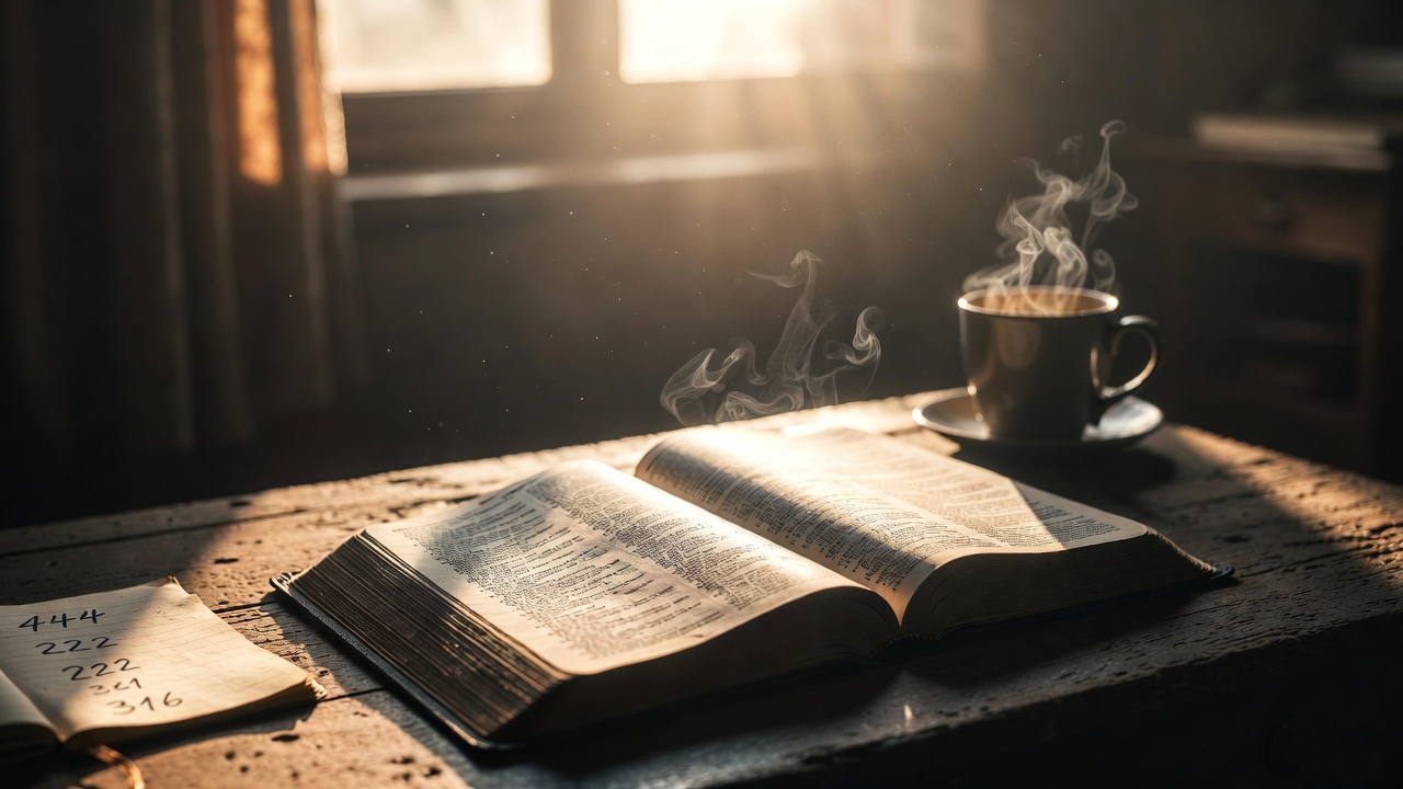 image of an open Bible on a weathered wooden desk, with soft golden morning light streaming through a window onto the pages. Beside the Bible sits a journal with handwritten notes and the numbers "444," "222," "316" written in pen. A steaming cup of coffee is nearby. The atmosphere is warm, contemplative, and sacred—a morning devotional scene. Dust particles float in the light beams. The pages of the Bible are turned to a passage, slightly worn from use. Ultra-high resolution, warm color palette, shallow depth of field on the journal.