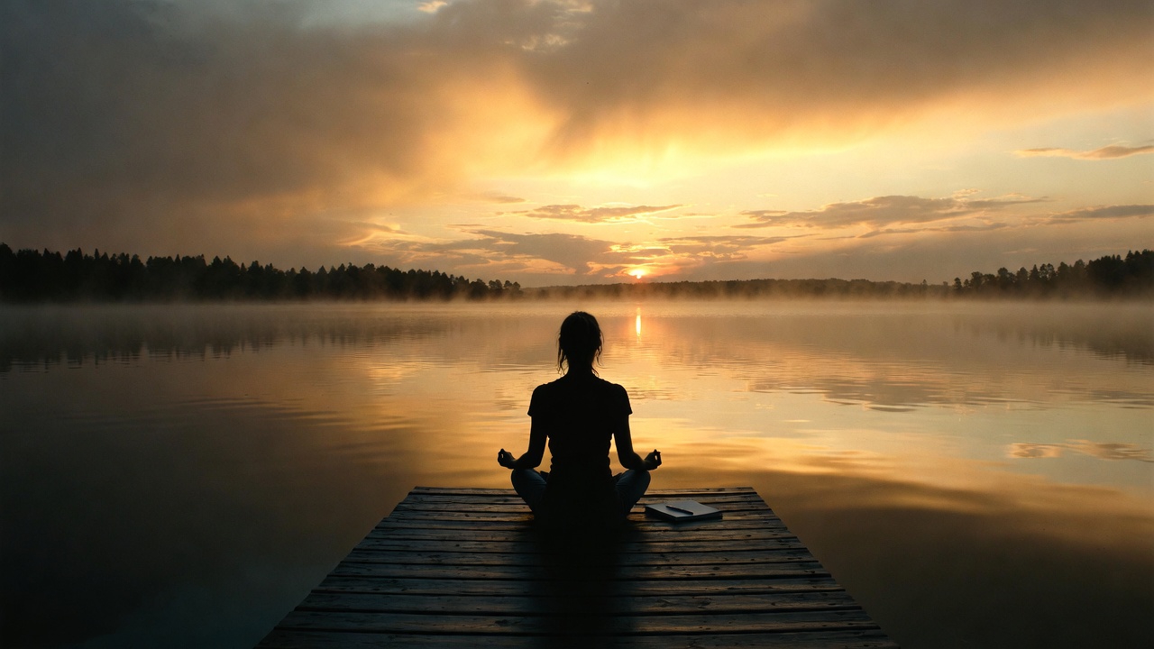 A person sitting in quiet meditation at dawn on a wooden dock extending over a still, mirror-like lake. The person is seen from behind, silhouetted against a spectacular sunrise with golden and amber light. The water perfectly reflects the sky, creating a sense of infinite space above and below. Subtle mist rises from the lake surface. The scene conveys stillness, divine connection, and inner listening. There is a journal and pen placed beside the person on the dock. Cinematic composition, ultra-realistic water reflections, golden hour lighting.
