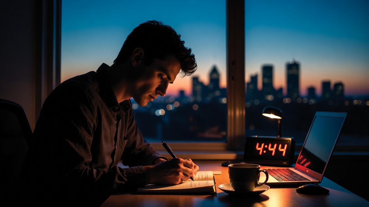 A young man starting his day planning in his a journal at 444AM as the just starts to peek behind the city skyline