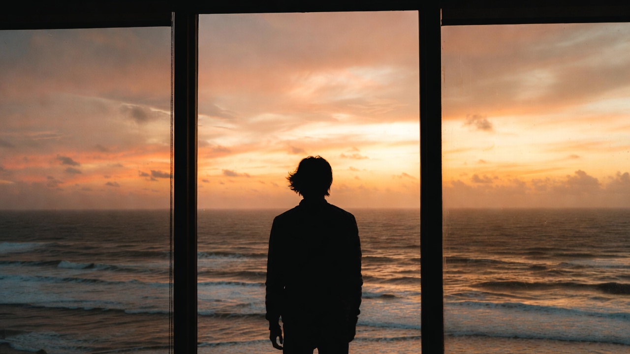 The back of a person standing and looking out a large, floor-to-ceiling window. The view is a breathtaking sunrise over a calm, endless ocean. The colors are soft oranges, pinks, and golds. The scene evokes a feeling of peace, vast potential, and having arrived at a perfect moment.