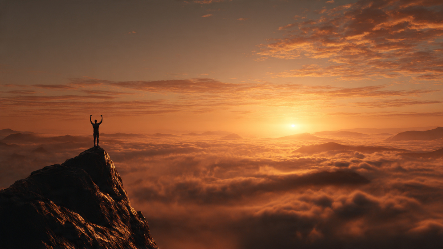 A lone, athletic figure stands on a mountain summit at sunrise, fists raised in victory. The sky is a gradient of deep orange and gold. The figure is a powerful silhouette against the bright sky. Below, a sea of clouds obscures the valley. The mood is triumphant, hopeful, and epic.