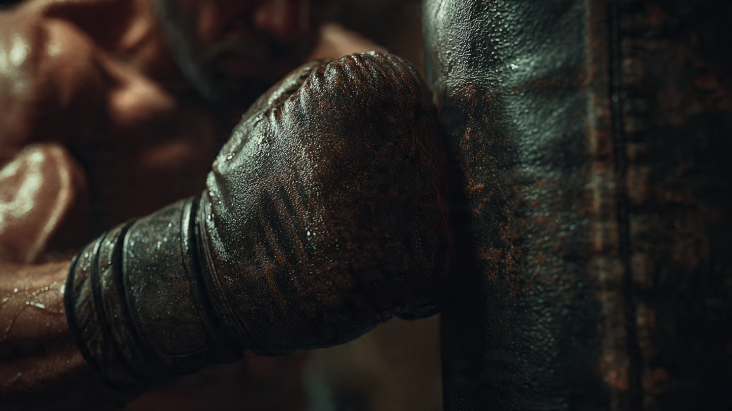 photorealistic shot of a person's boxing gloved hands hitting a heavy, worn leather punching bag. The focus is on the tension in the muscles, the sweat on the skin, and the determination in the stance. The background is a dimly lit, gritty gym. 8K hyper realistic