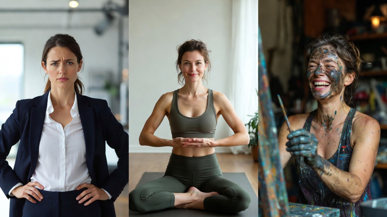 Split screen business woman happy center meditation pose creative social life