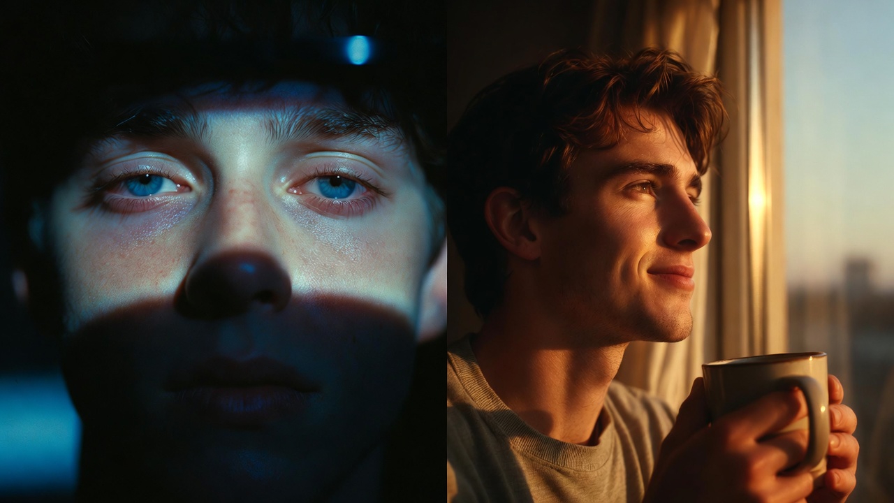 A close-up split composition. Left side shows a young adult's face illuminated by a phone screen, eyes glazed, blue light casting shadows. Right side shows the same person transformed—alert, morning sunlight, holding a coffee mug, looking toward a window. Cinematic, emotional lighting 8K hyper realistic