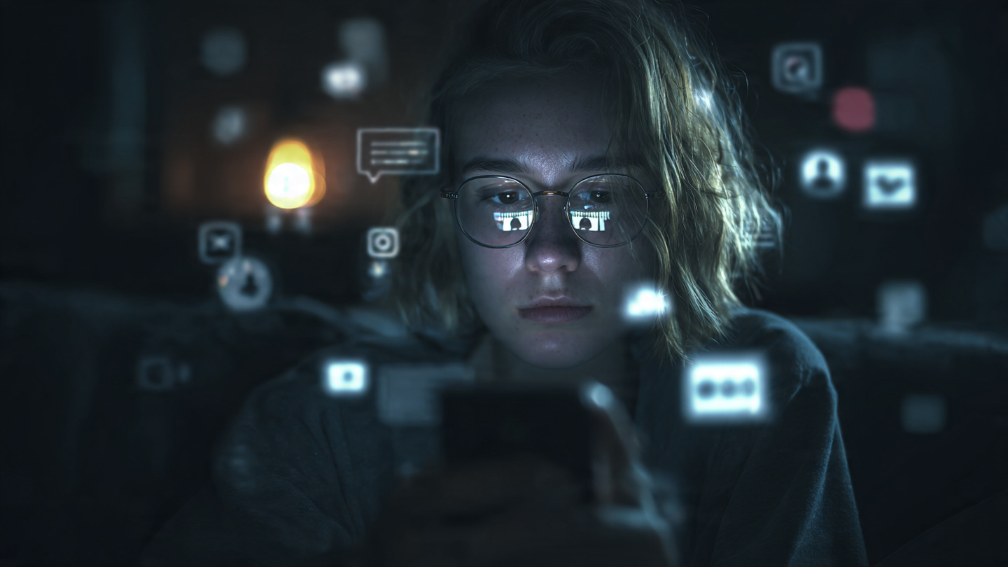 A person sitting in a dark room illuminated only by the glow of a smartphone, endless social media feed reflected in their glasses, multiple translucent notification icons floating around their head, facial expression tired and overwhelmed.