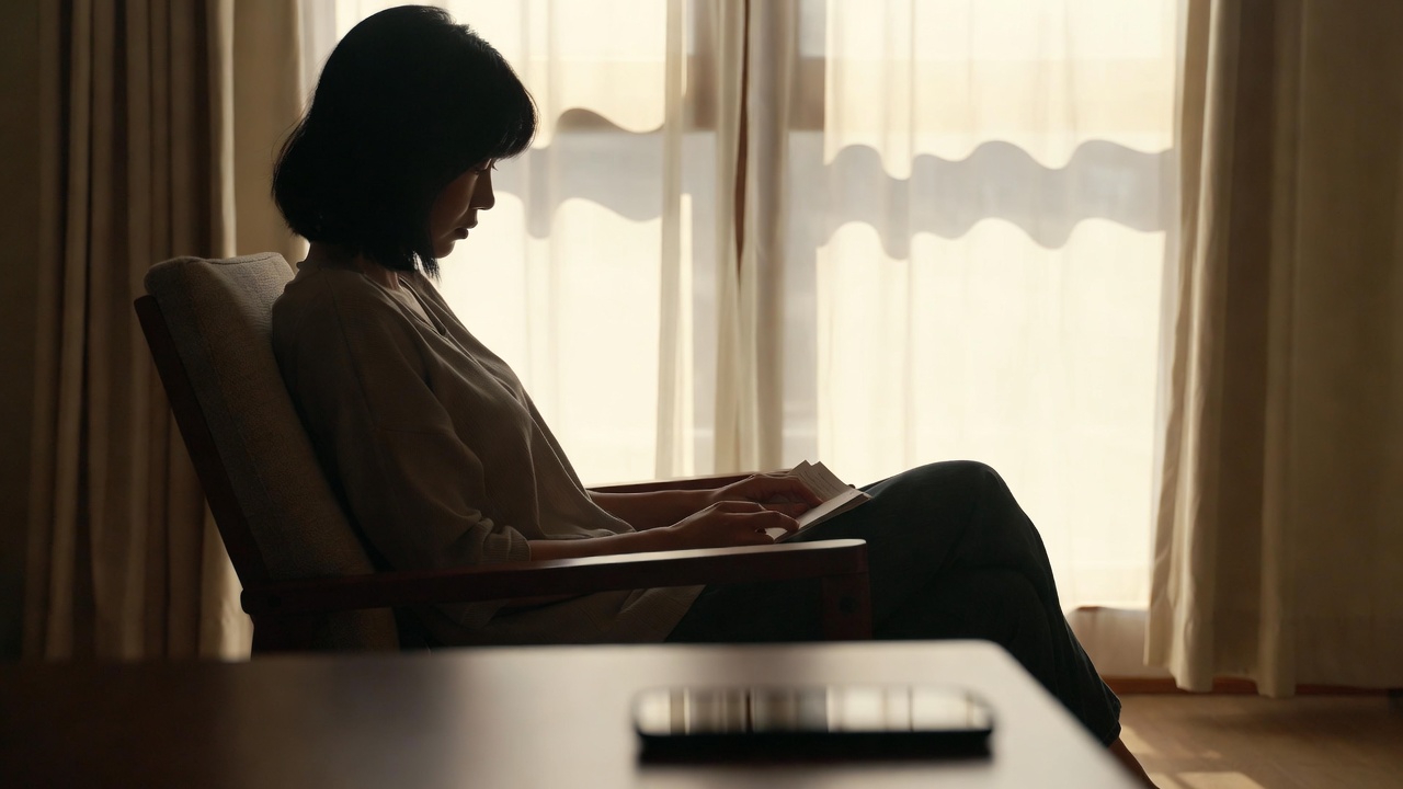 A person sitting in morning light, holding a small booklet or journal, reading quietly. A phone sits face-down on a table across the room, deliberately out of reach. Warm, calm, intentional mood 8K hyper realistic