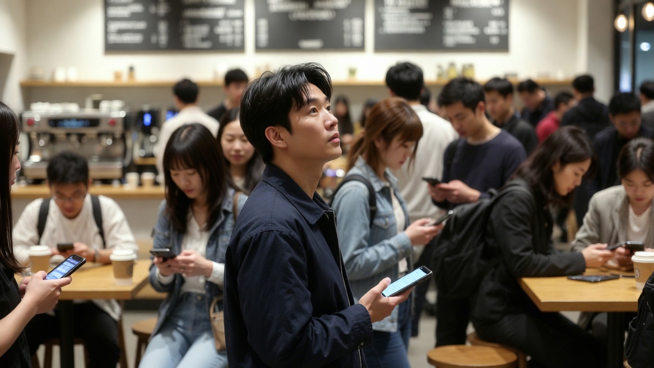 A person in a busy coffee shop line looks up from their phone, surrounded by others focused on devices.
